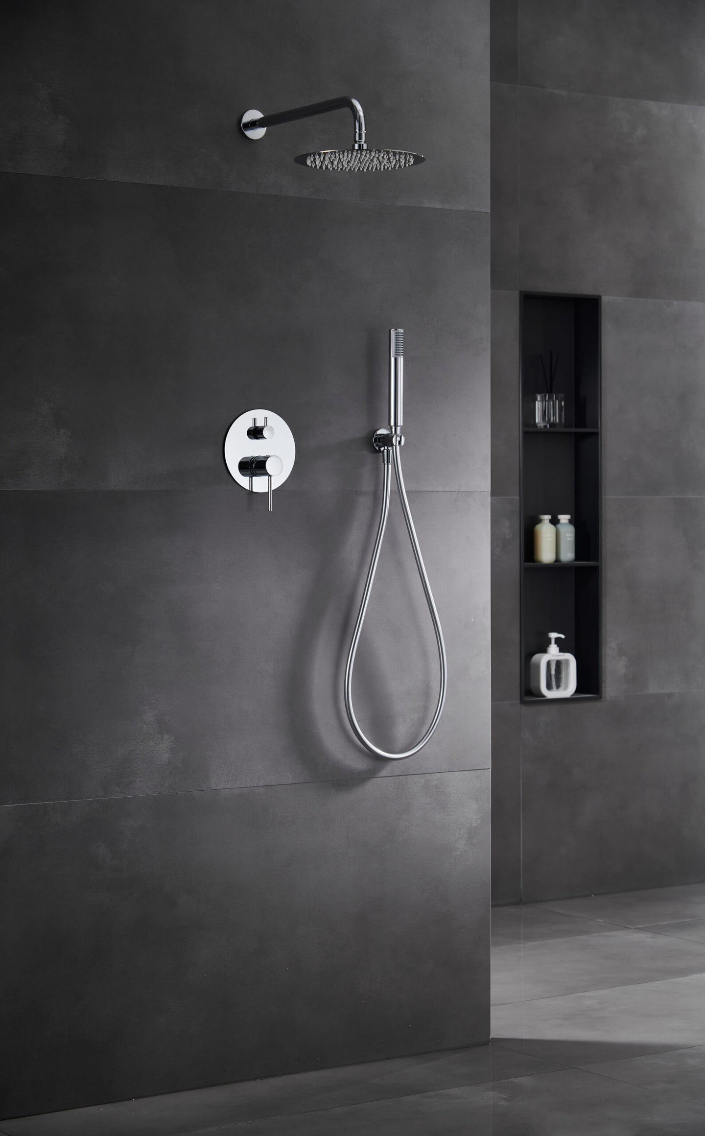 Chicago | Grifo de ducha Monomando | Rociador de acero inox. S.304 Ø25 cm, extraplano y antical | Tubo de salida Pared