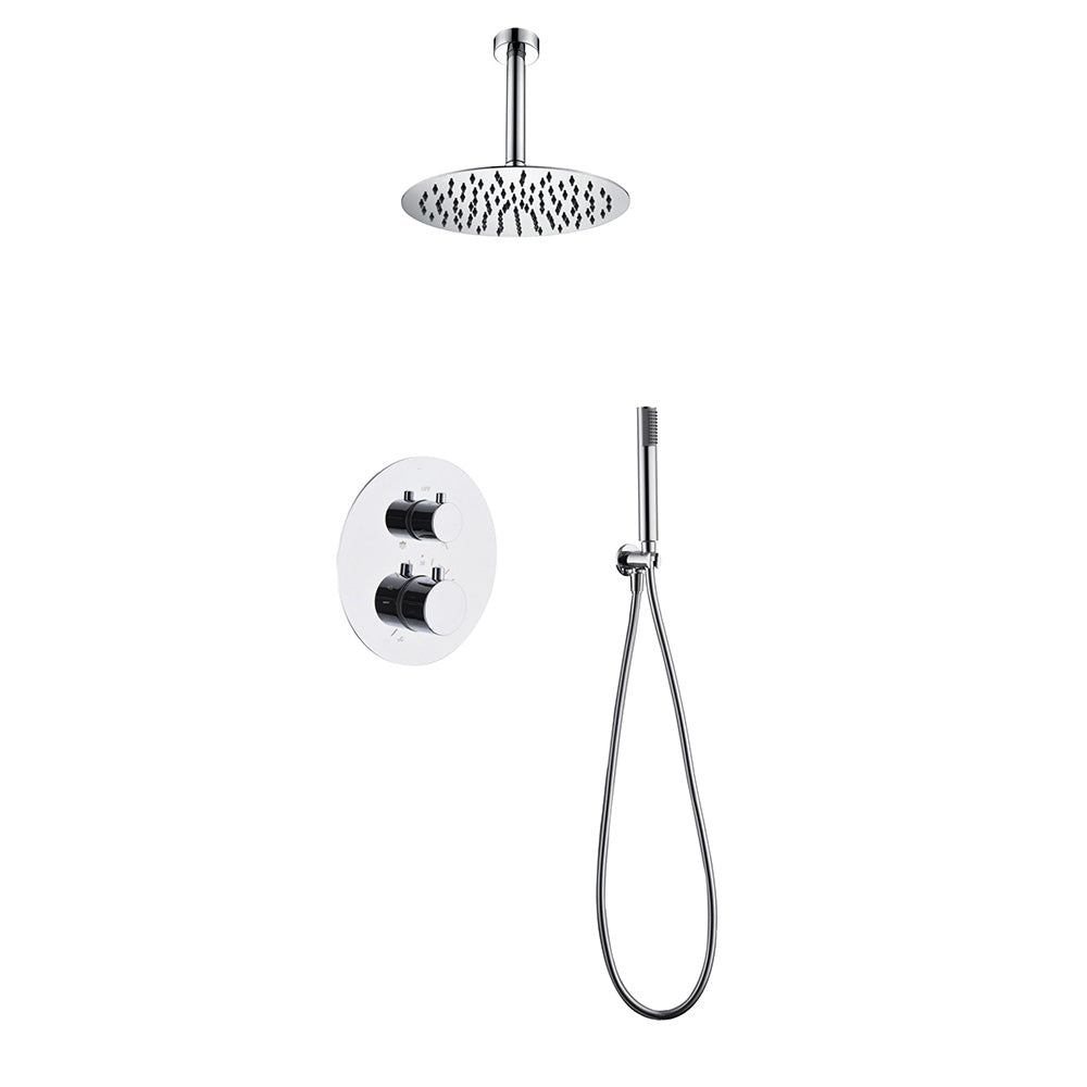 Chicago | Grifo de ducha Termonstática | Rociador de acero inox. S.304 Ø25 cm, extraplano y antical | Tubo de salida Techo