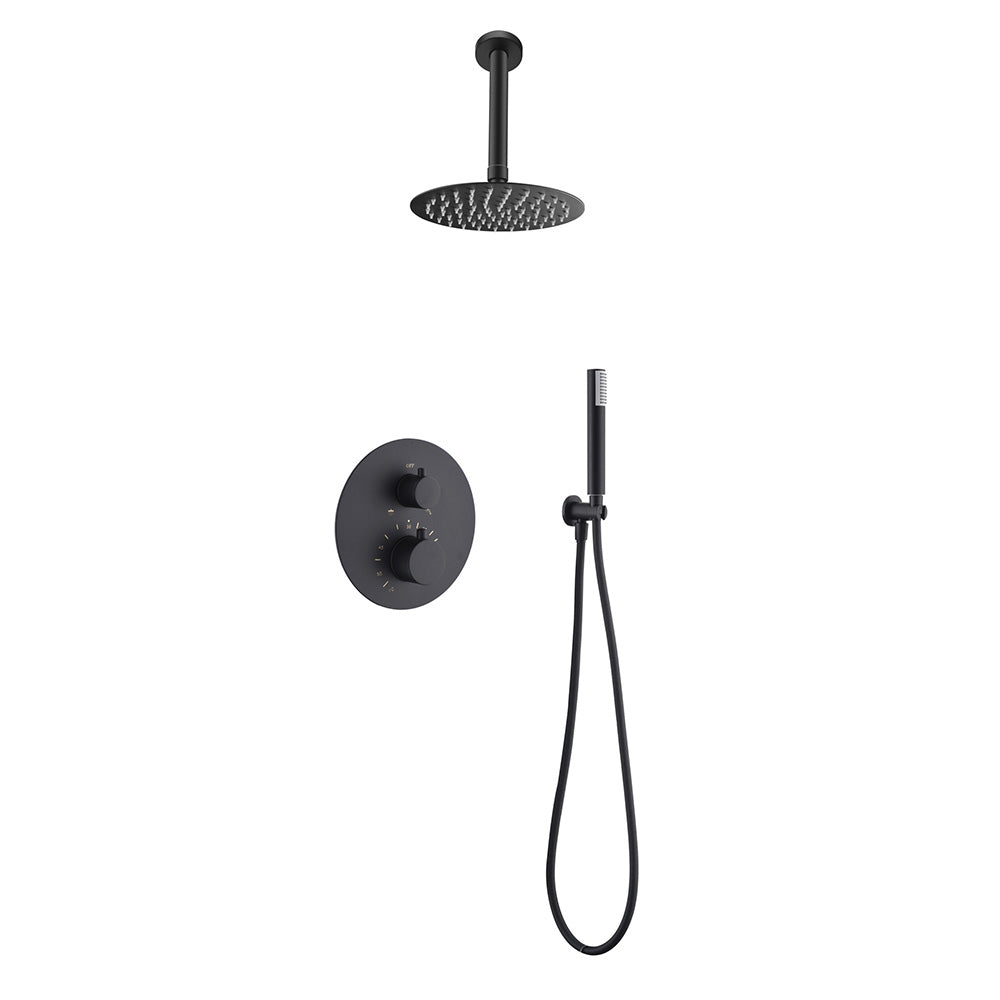 Chicago | Grifo de ducha Termonstática | Rociador de acero inox. S.304 Ø25 cm, extraplano y antical | Tubo de salida Techo