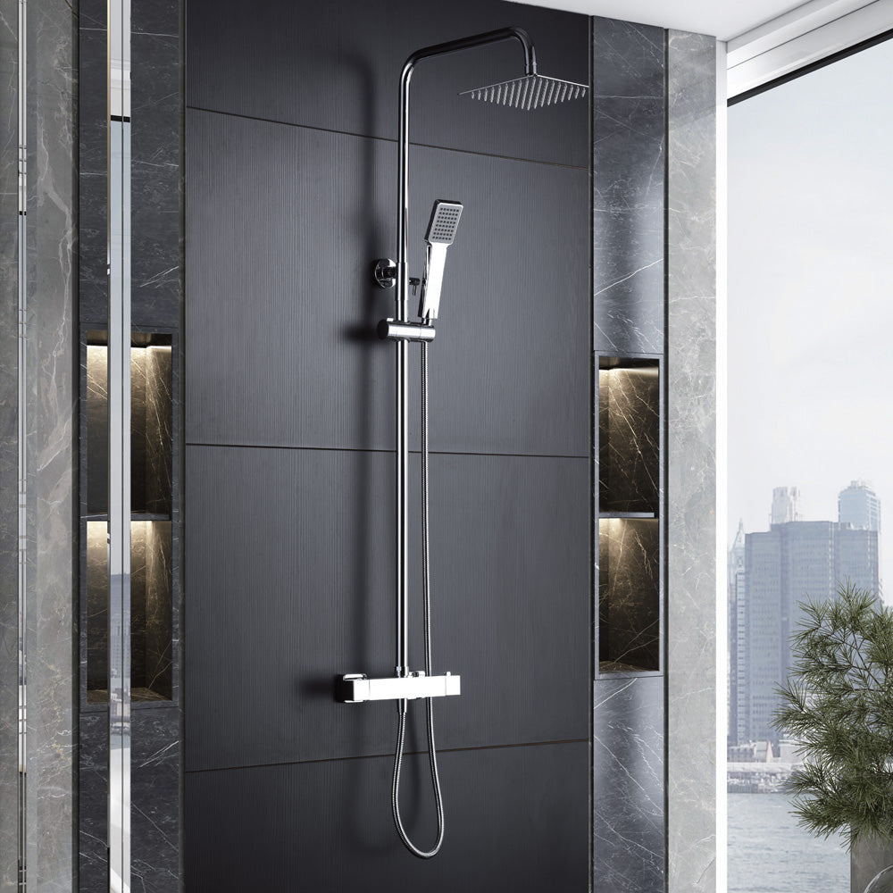 Denver | Columna de ducha con grifo termostatico | Rociador Cuadrado acero inox. S.304 20x20 cm | Extraplano Antical
