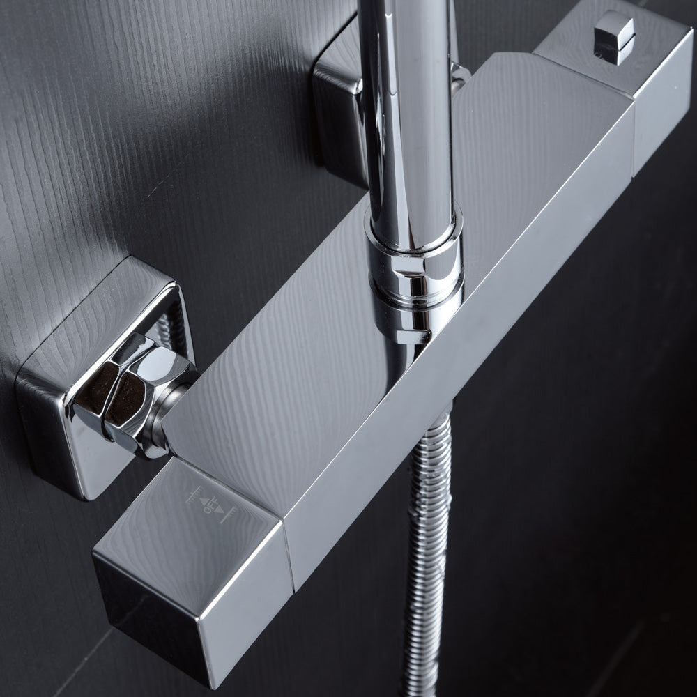 Denver | Columna de ducha con grifo termostatico | Rociador Cuadrado acero inox. S.304 20x20 cm | Extraplano Antical