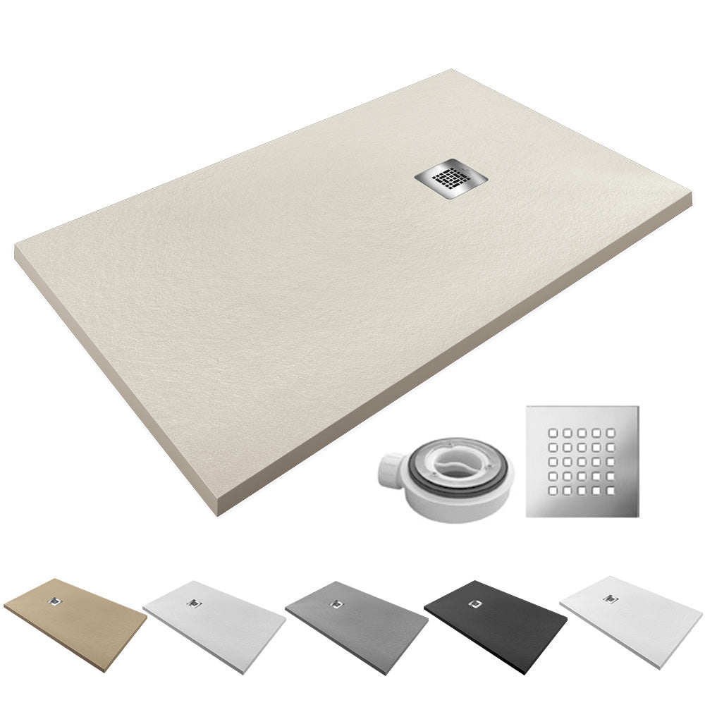 Pasadena | Plato de Ducha de Resina Antideslizante | Válvula de Desagüe y Rejilla | Textura Piedra | Color Beige
