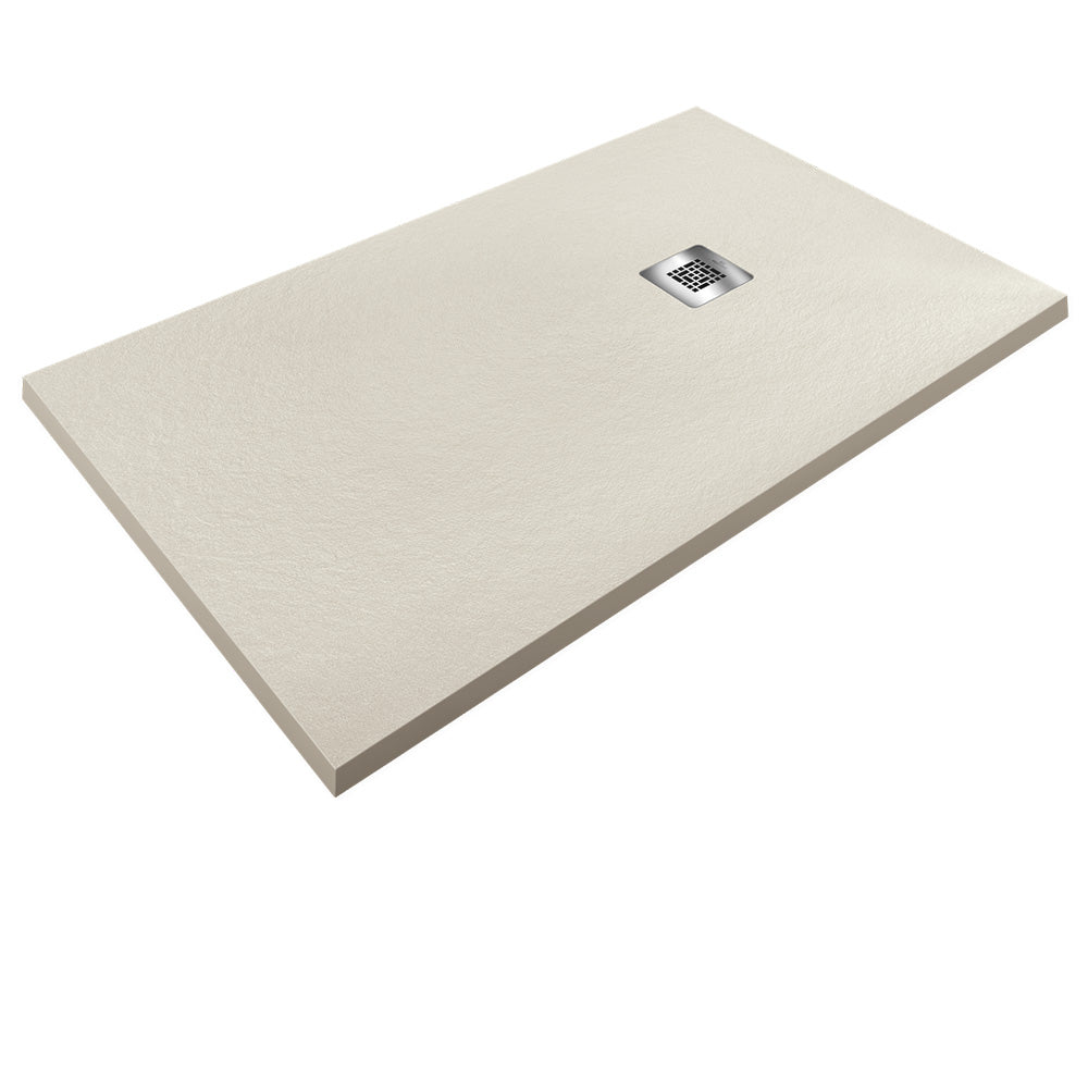 Pasadena | Plato de Ducha de Resina Antideslizante | Válvula de Desagüe y Rejilla | Textura Piedra | Color Beige