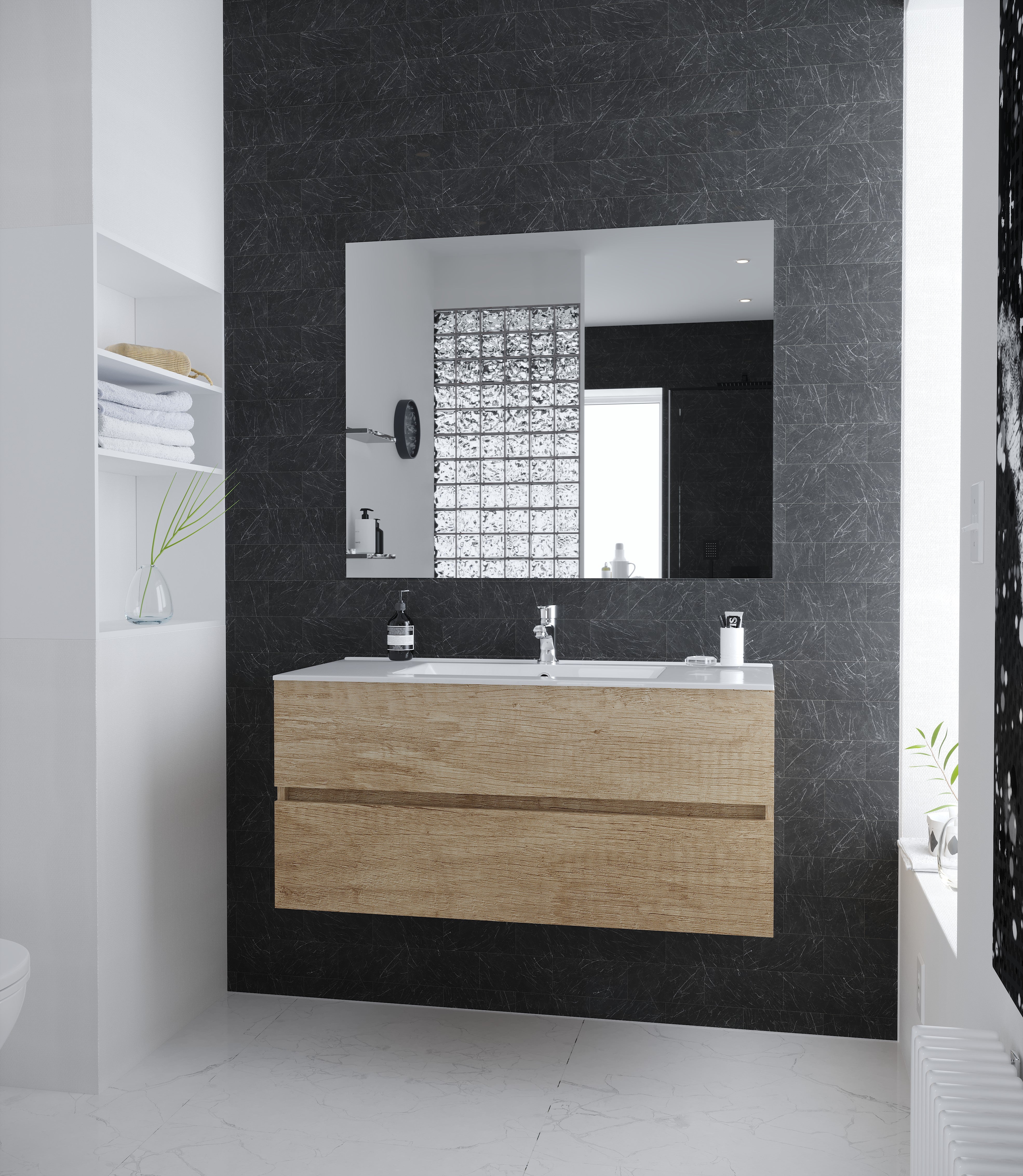 Manhattan | Mueble Baño Suspendido Fondo Reducido | 2 Cajones con Cierre Amortiguado y Lavabo Cerámico