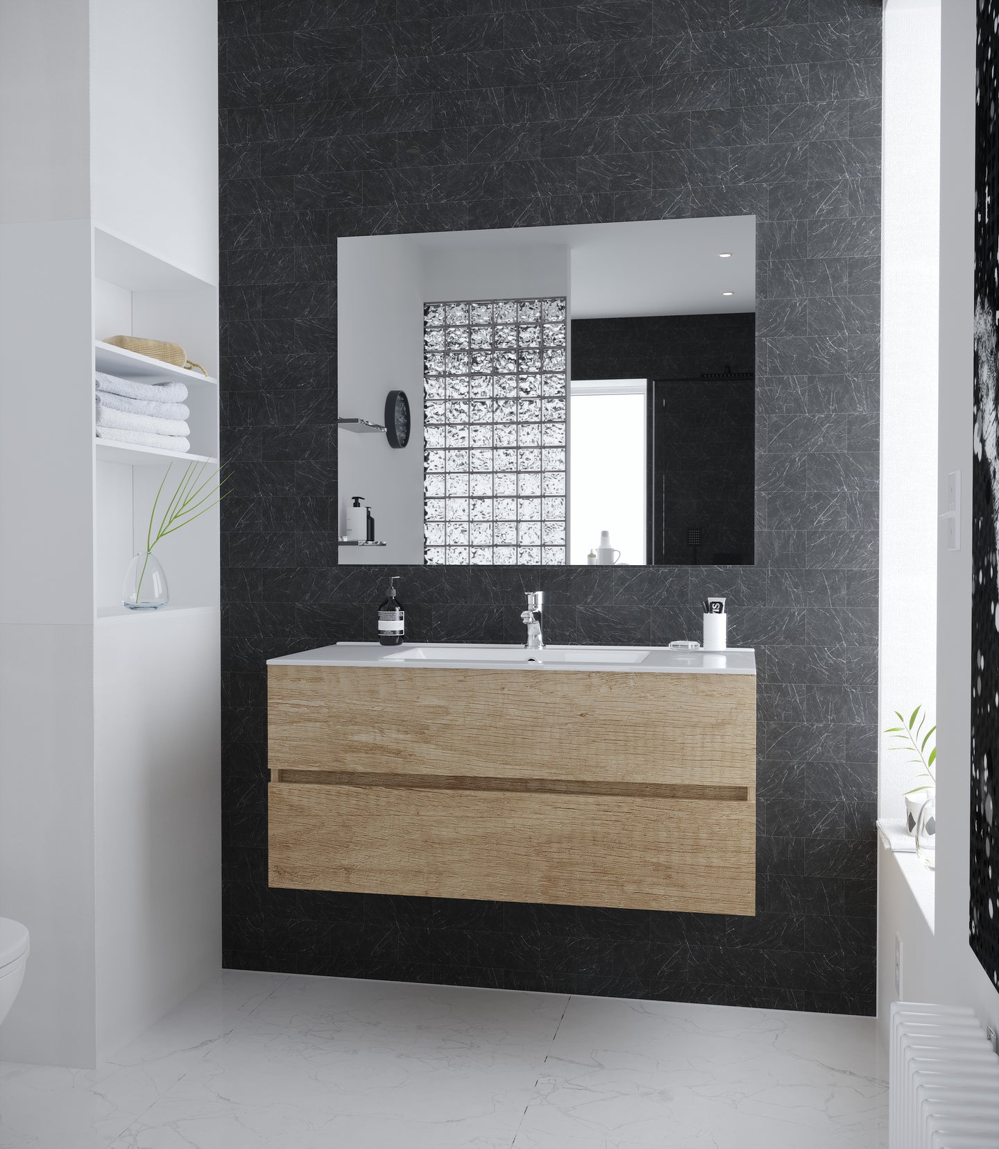 Manhattan | Mueble Baño Suspendido Fondo Reducido | 2 Cajones con Cierre Amortiguado y Lavabo Cerámico