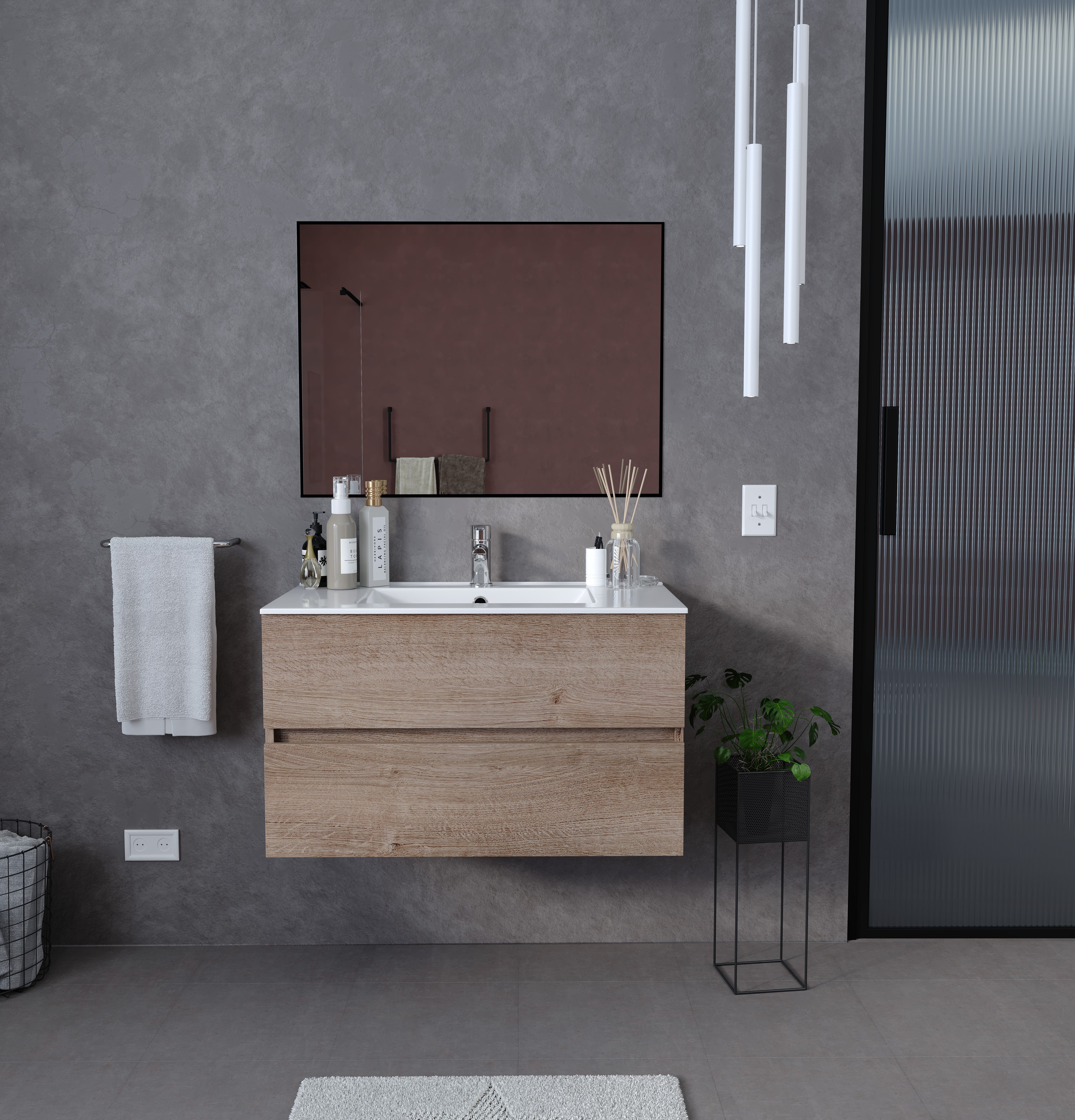 Manhattan | Mueble Baño Suspendido Fondo Reducido | 2 Cajones con Cierre Amortiguado y Lavabo Cerámico