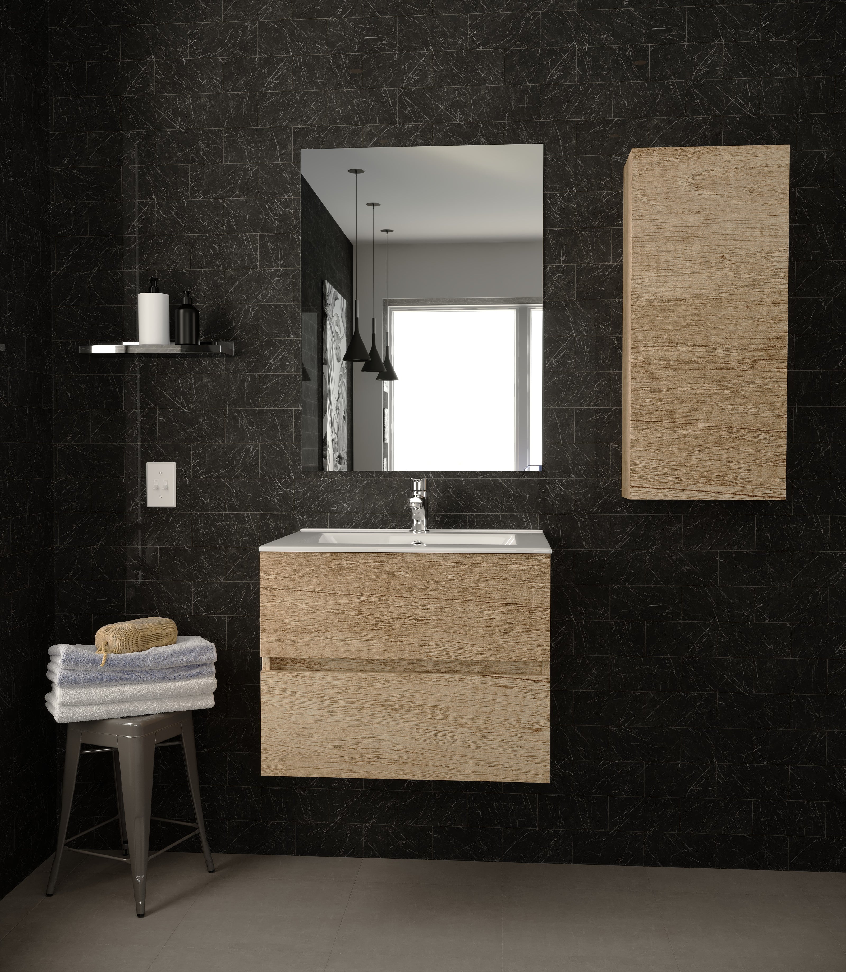 Manhattan | Mueble Baño Suspendido Fondo Reducido | 2 Cajones con Cierre Amortiguado y Lavabo Cerámico