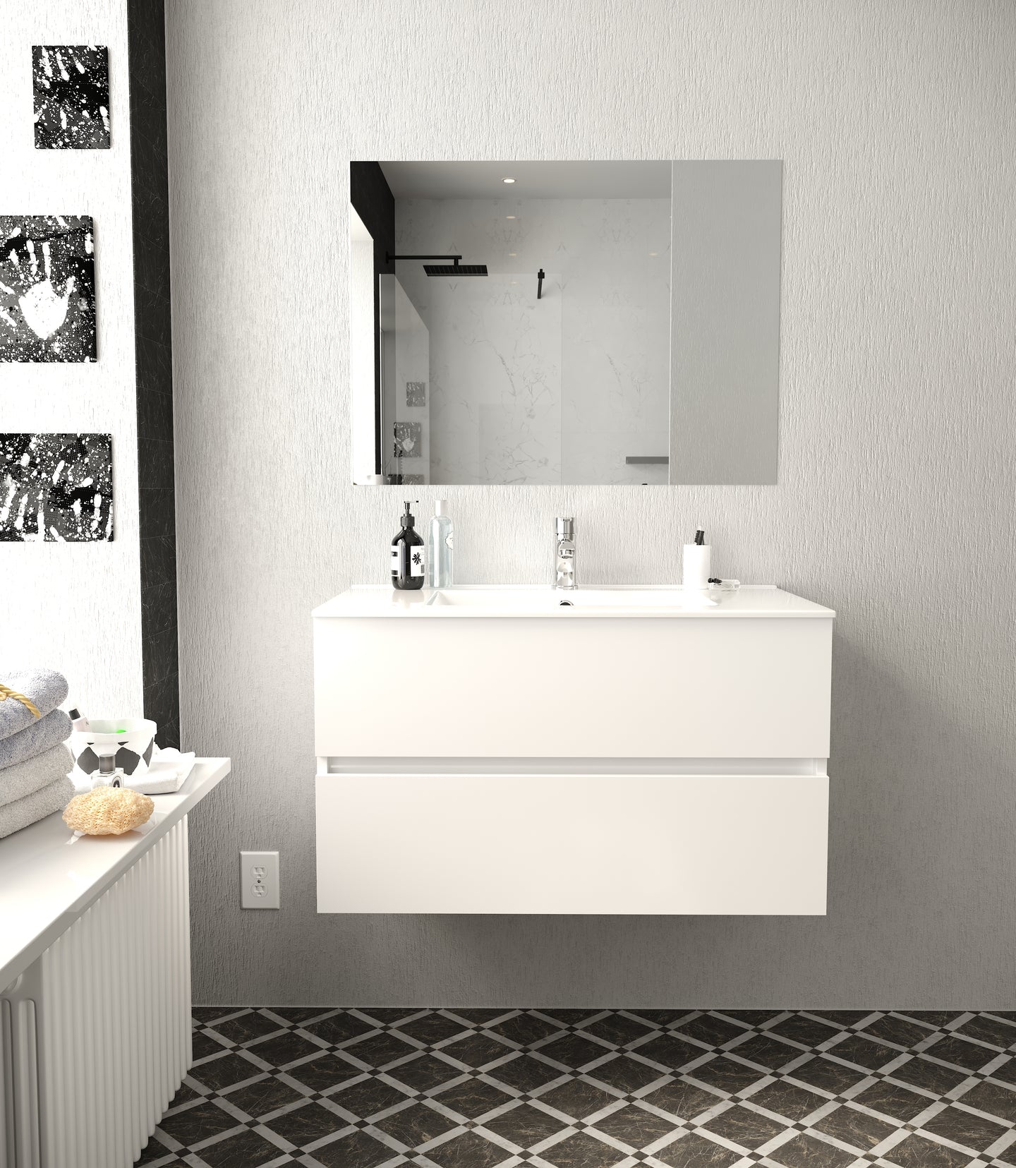 Manhattan | Mueble Baño Suspendido Fondo Reducido | 2 Cajones con Cierre Amortiguado y Lavabo Cerámico