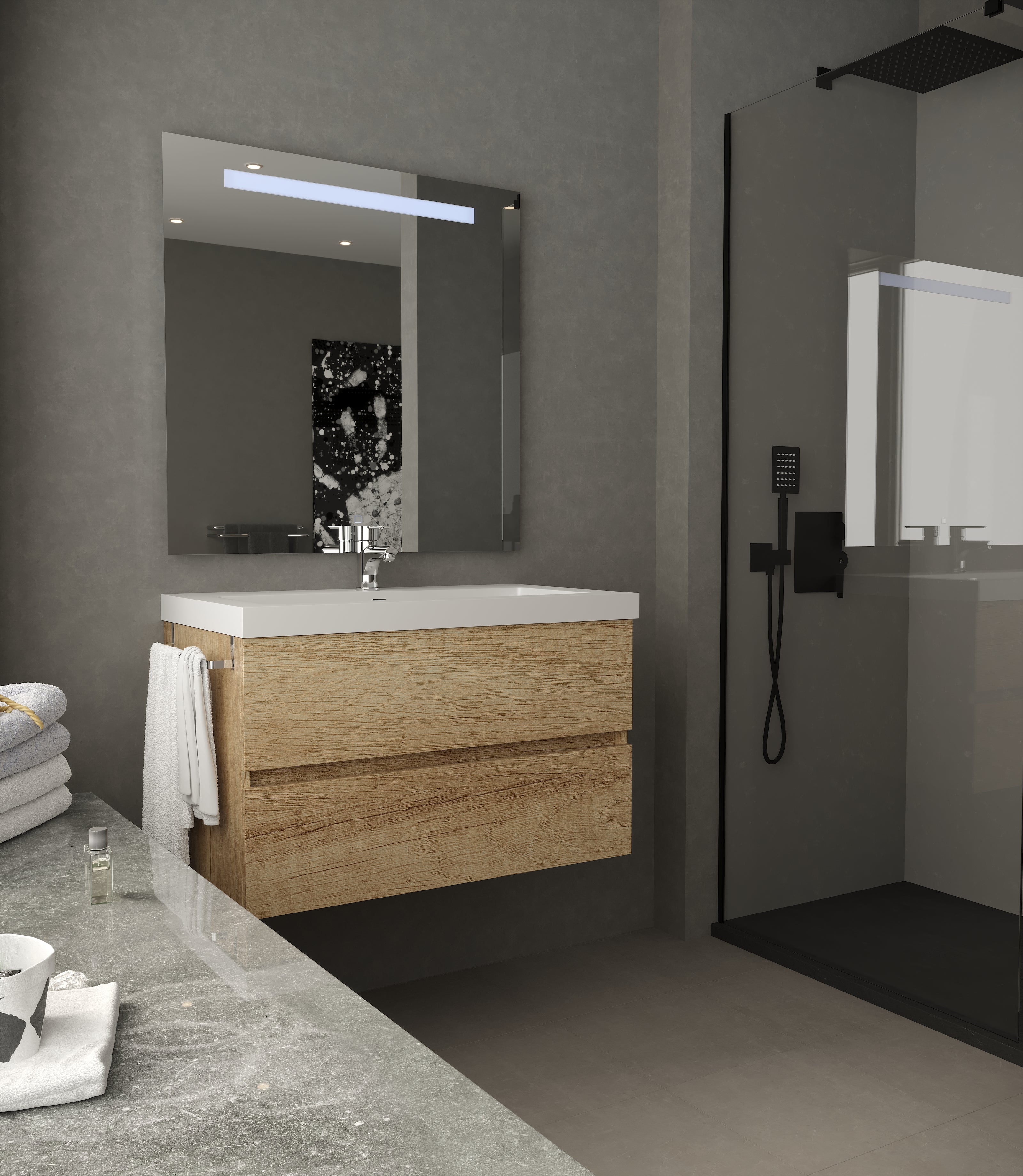 Manhattan | Mueble Baño Suspendido Fondo Reducido | 2 Cajones con Cierre Amortiguado y Lavabo Cerámico
