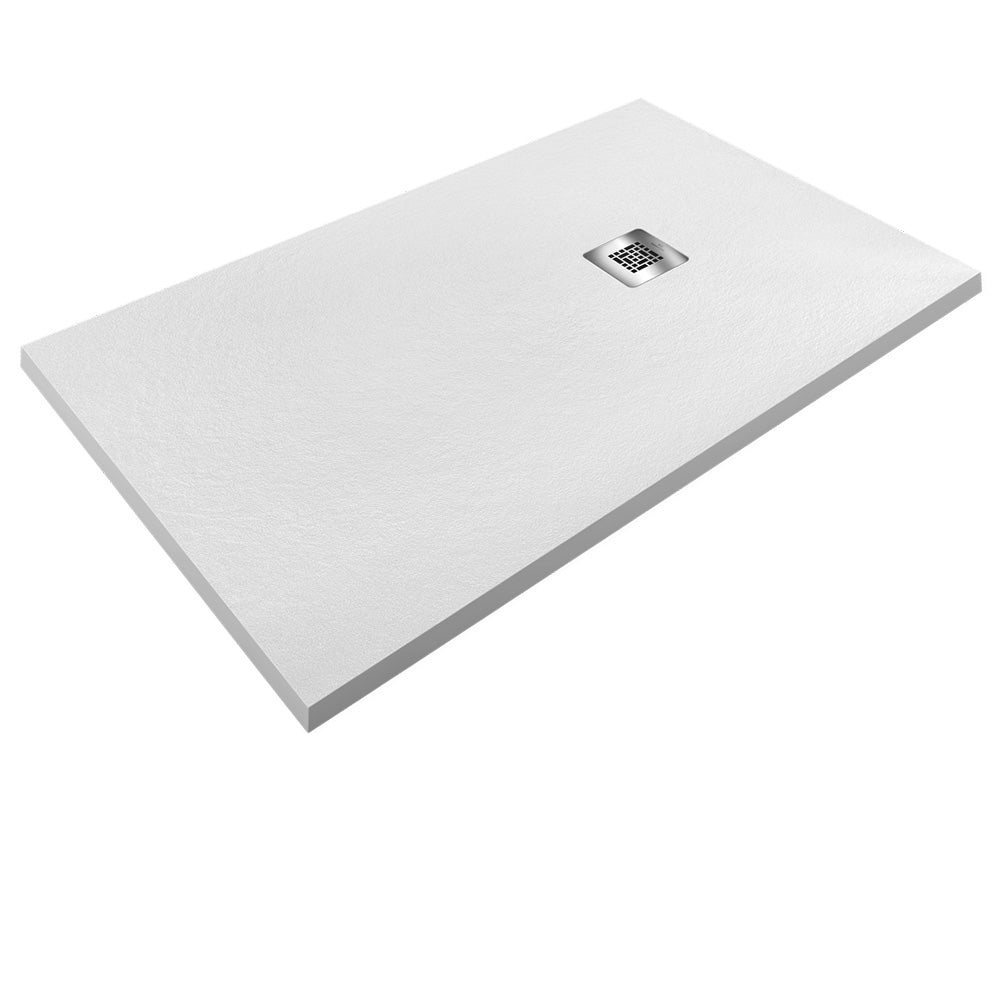 Pasadena | Plato de Ducha de Resina Antideslizante | Válvula de Desagüe y Rejilla | Textura Piedra | Color Blanco