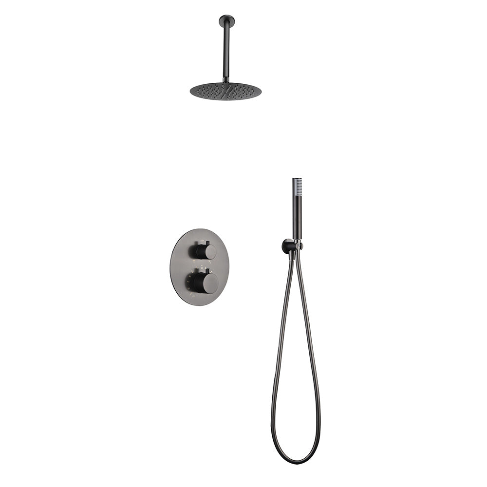 Chicago | Grifo de ducha Termonstática | Rociador de acero inox. S.304 Ø25 cm, extraplano y antical | Tubo de salida Techo