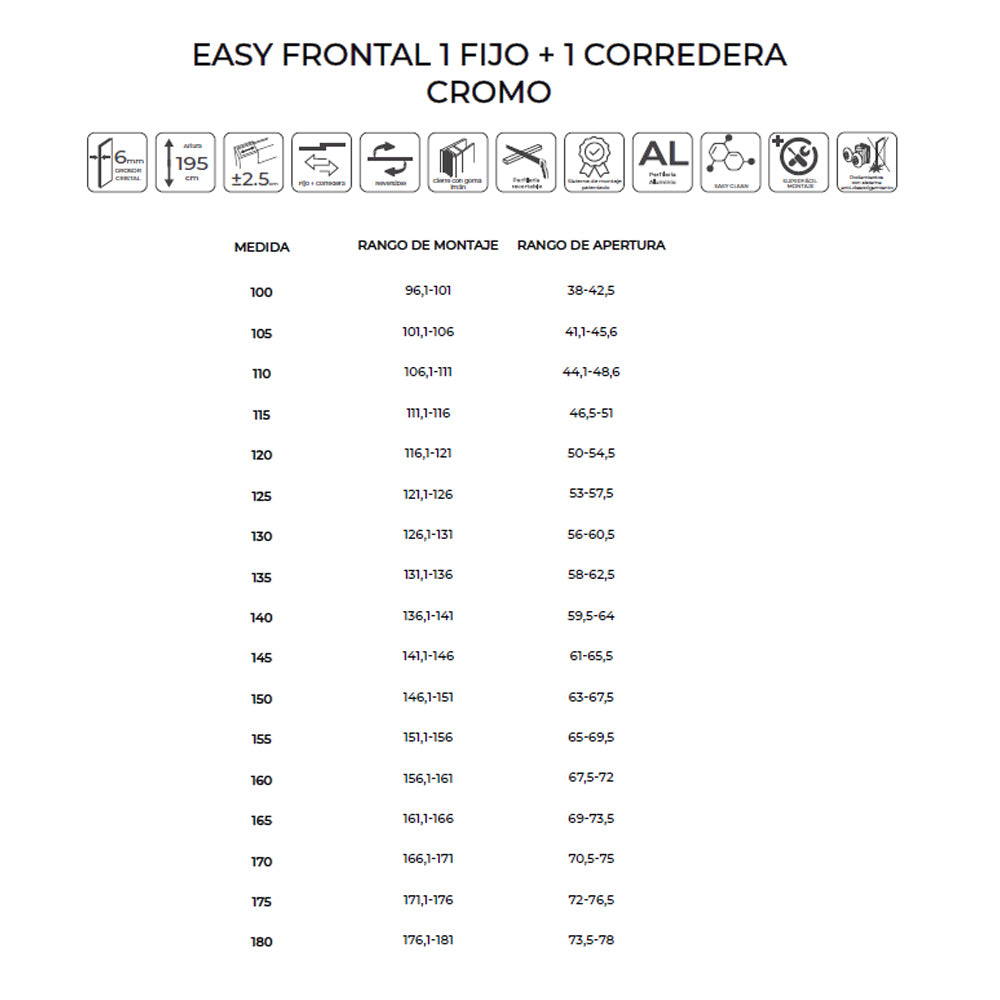 Atlanta | Mampara Frontal 1 Fijo + 1 Corredera | Vidrio Templado 6 mm Antical | Altura 195 cm