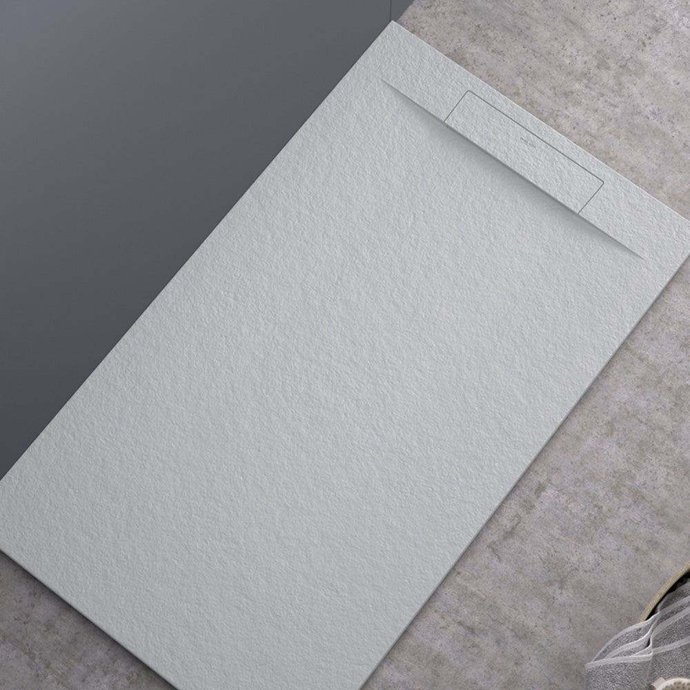 Reno | Plato de Ducha de Resina Antideslizante | Válvula Oculta + Rejilla de Color | Textura Piedra | Color Blanco