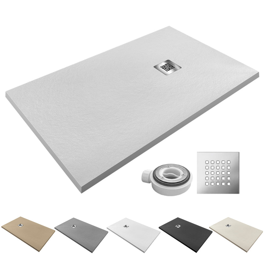 Pasadena | Plato de Ducha de Resina Antideslizante | Válvula de Desagüe y Rejilla | Textura Piedra | Color Gris 7035