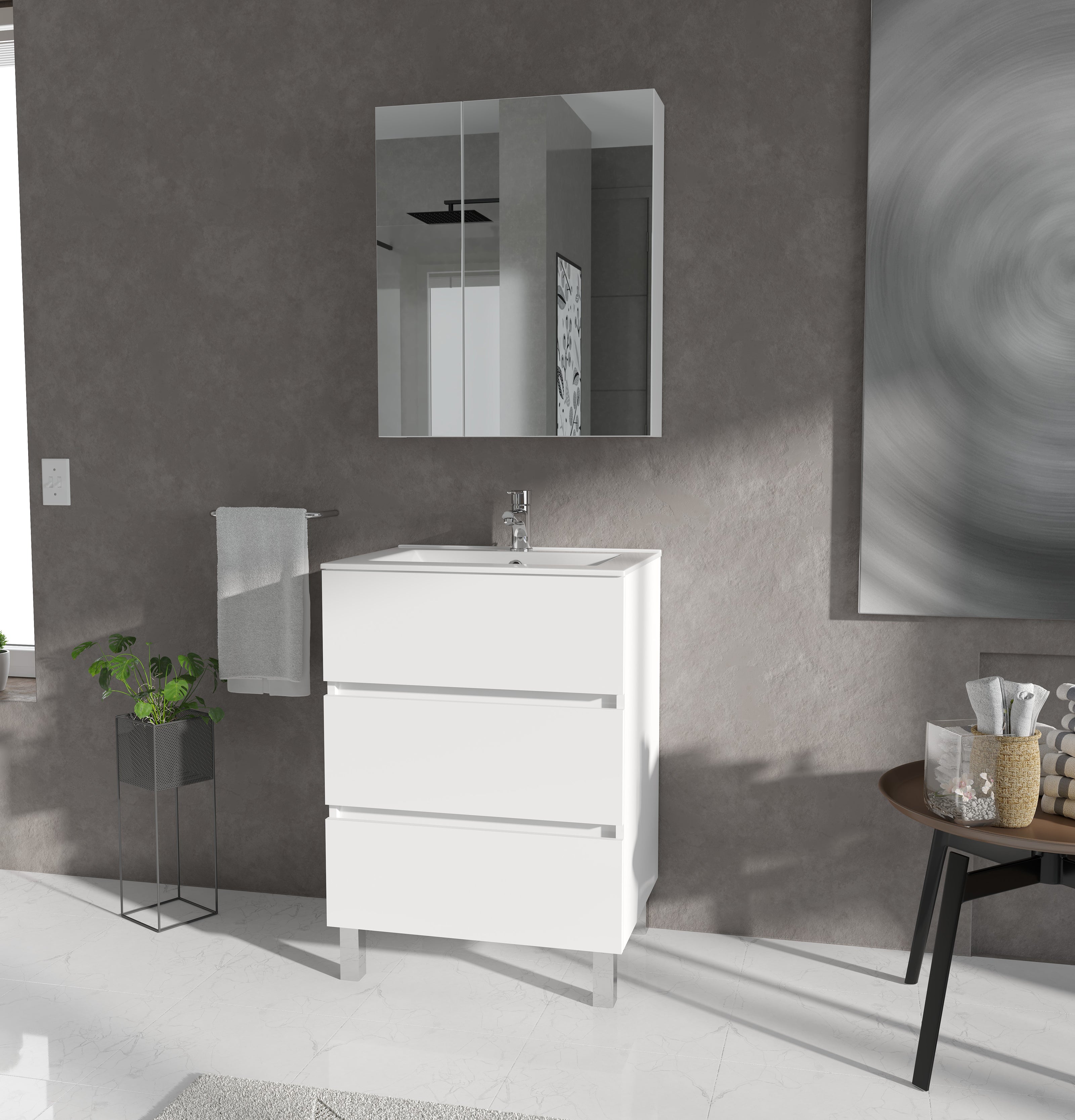 Siracusa | Mueble Baño al Suelo Fondo Reducido | 3 Cajones con Cierre Amortiguado y Lavabo Cerámico