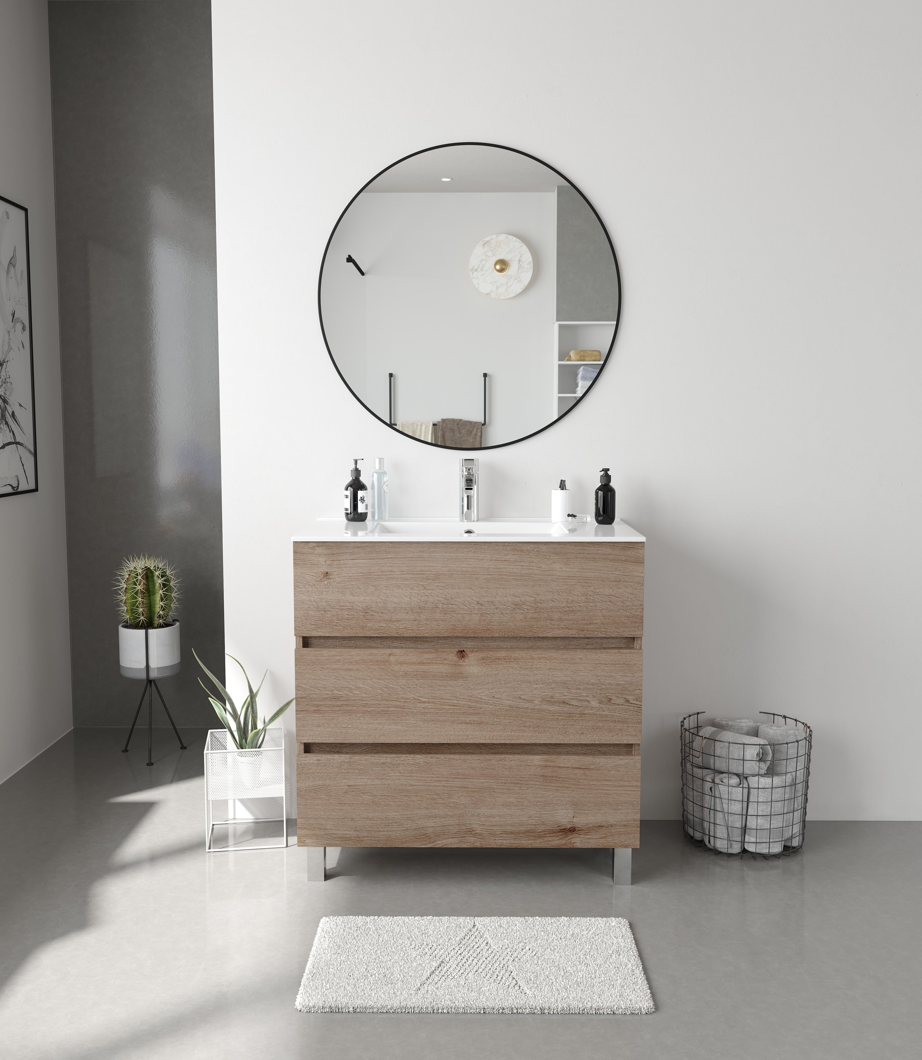 Siracusa | Mueble Baño al Suelo Fondo Reducido | 3 Cajones con Cierre Amortiguado y Lavabo Cerámico