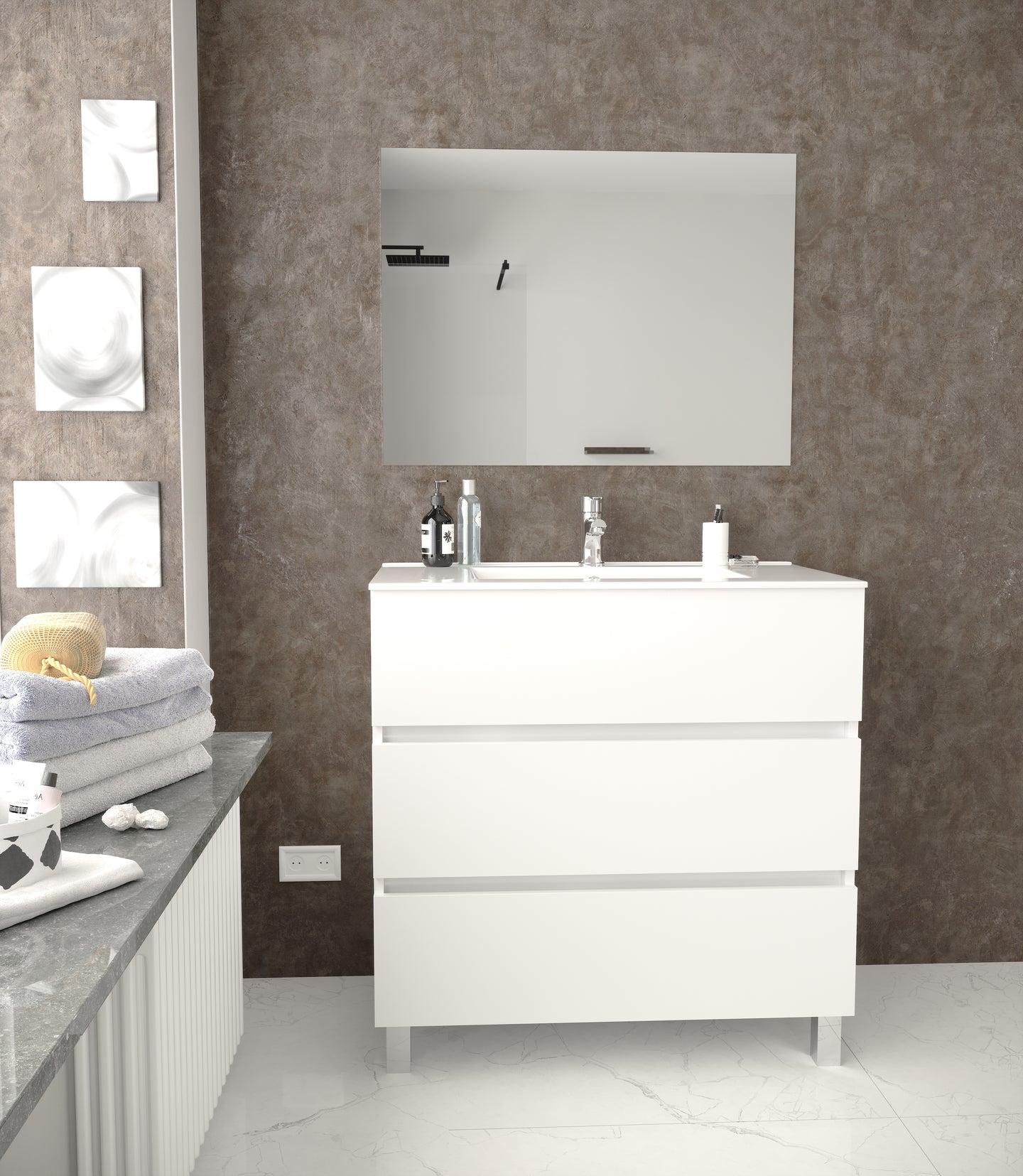 Siracusa | Mueble Baño al Suelo Fondo Reducido | 3 Cajones con Cierre Amortiguado y Lavabo Cerámico