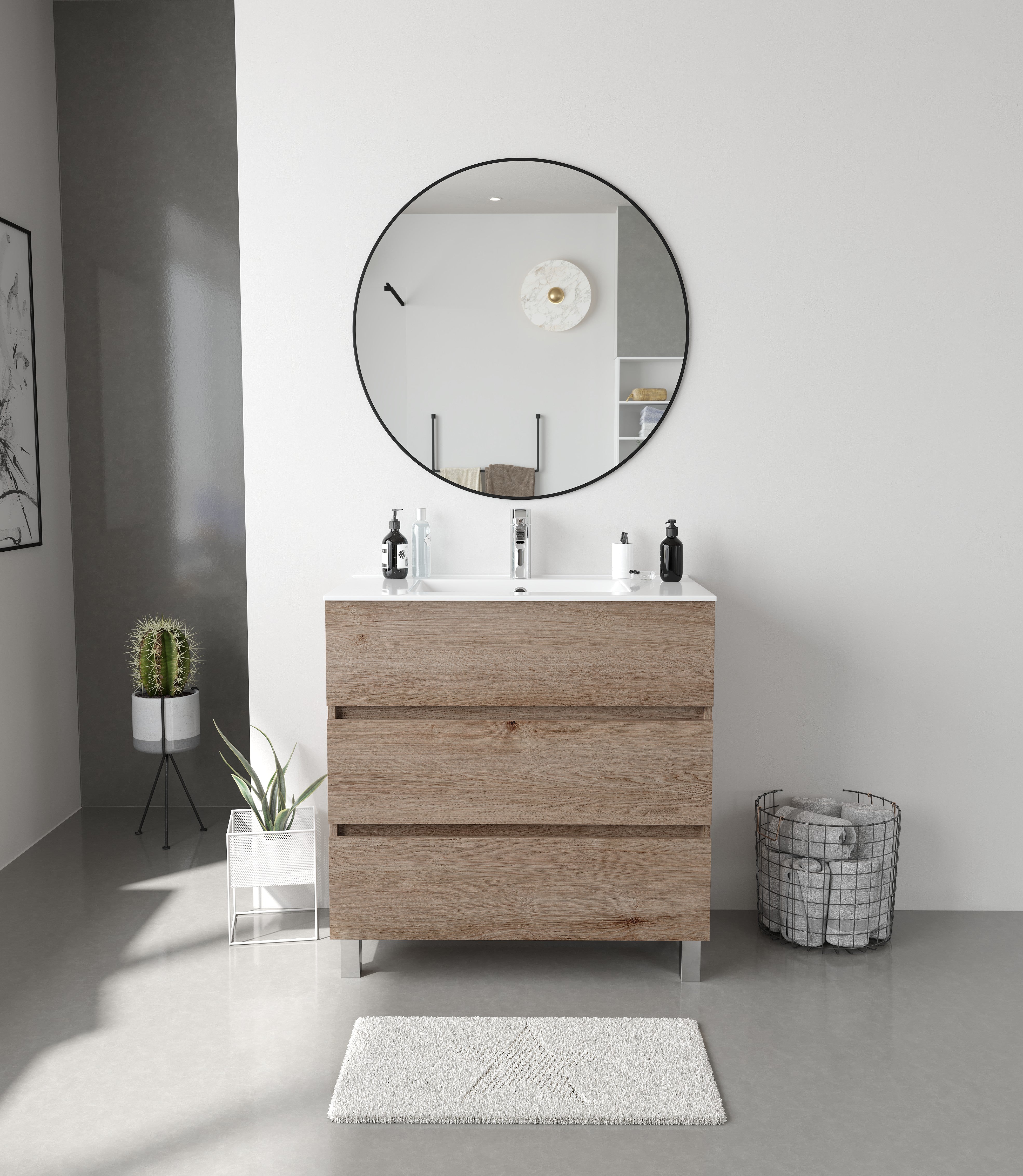 Siracusa | Mueble Baño al Suelo Fondo Reducido | 3 Cajones con Cierre Amortiguado y Lavabo Cerámico