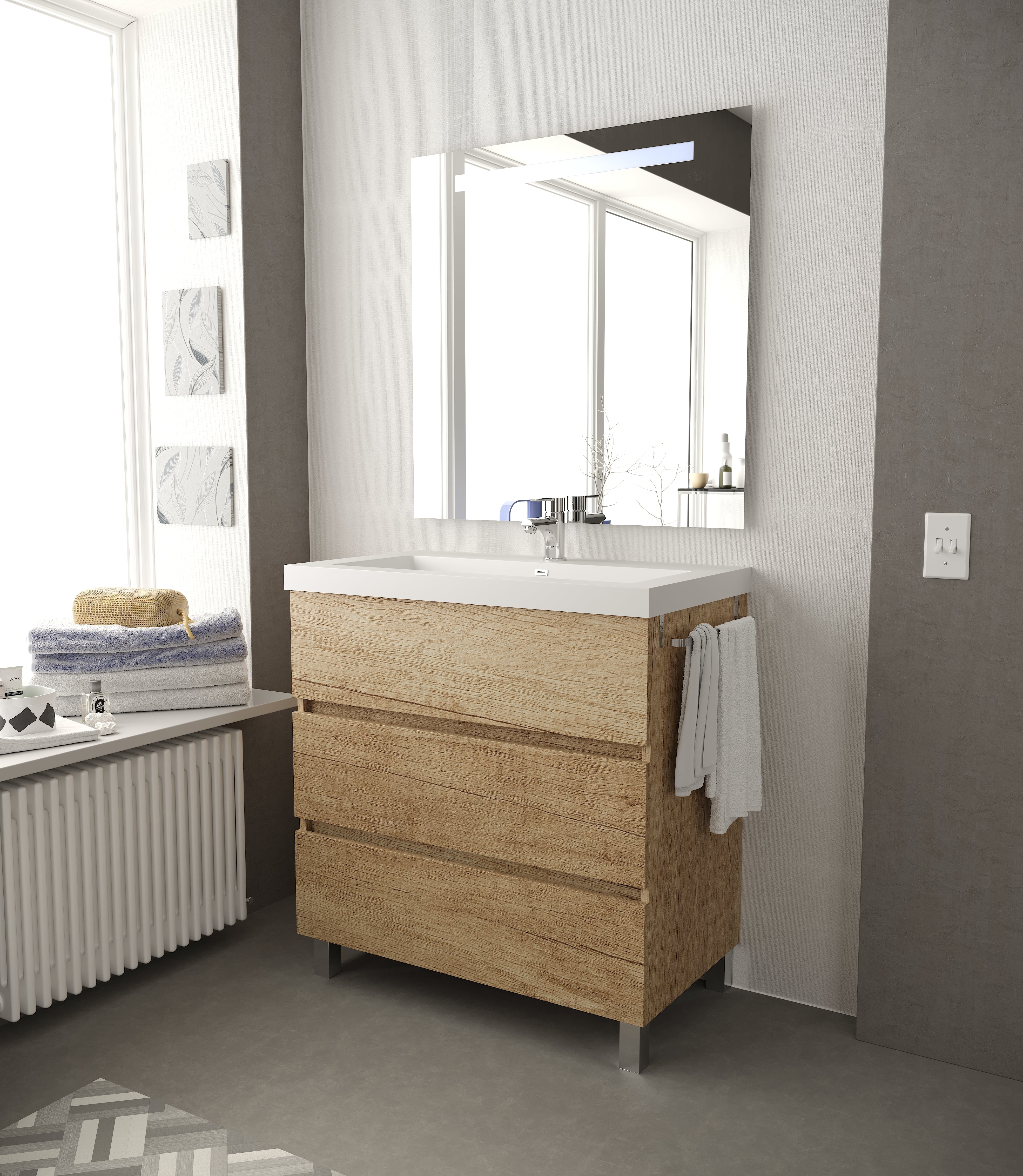 Siracusa | Mueble Baño al Suelo Fondo Reducido | 3 Cajones con Cierre Amortiguado y Lavabo Cerámico