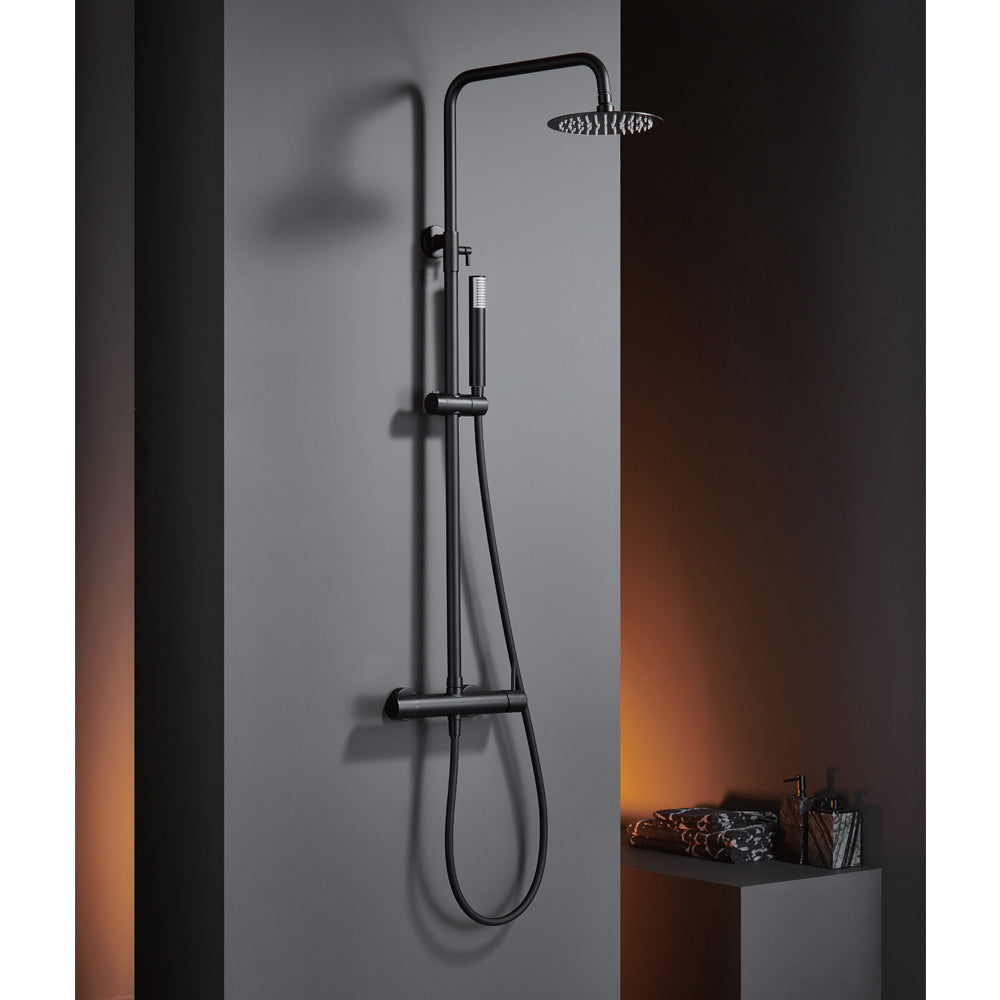 Chicago | Columna de ducha con grifo termostatico | Rociador Redondo acero inox. S.304 Ø20 cm | Extraplano Antical