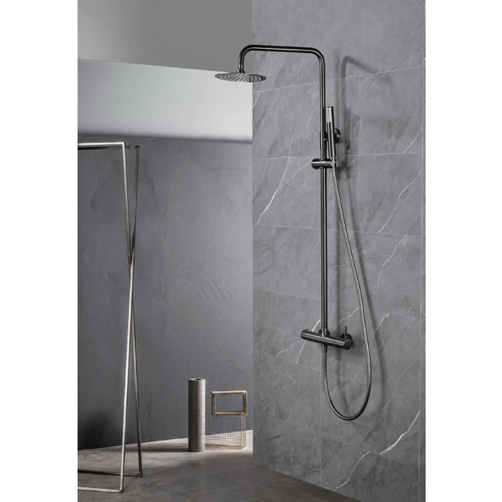 Chicago | Columna de ducha con grifo termostatico | Rociador Redondo acero inox. S.304 Ø20 cm | Extraplano Antical