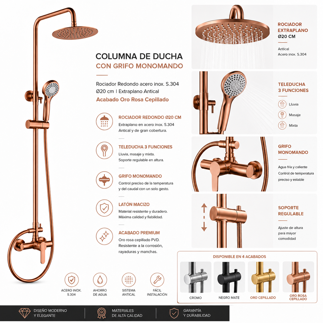 Seattle | Columna de ducha con grifo monomando | Rociador Redondo acero inox. S.304 Ø20 cm | Extraplano Antical