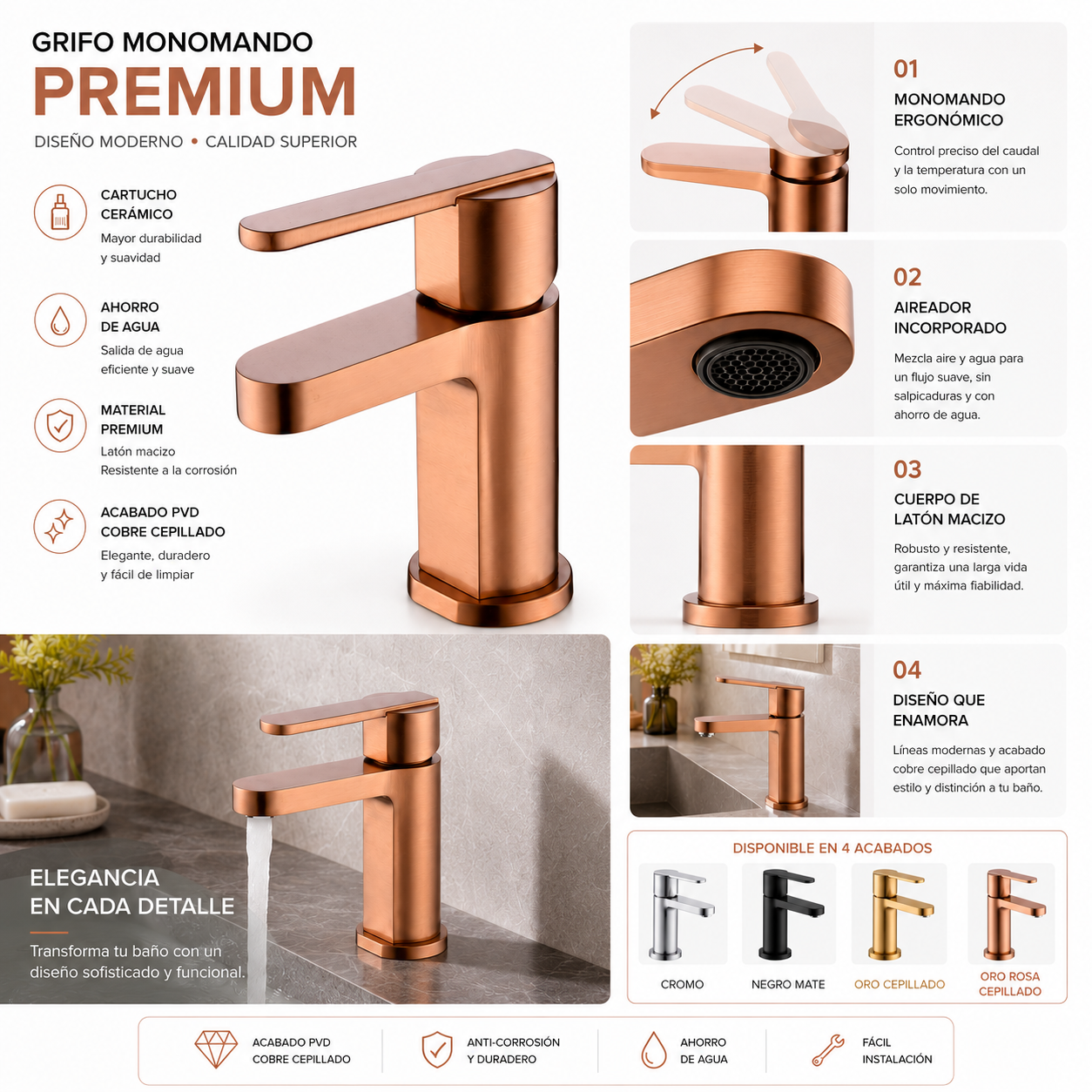 Seattle | Robinet de lavabo bas monotrou | Laiton