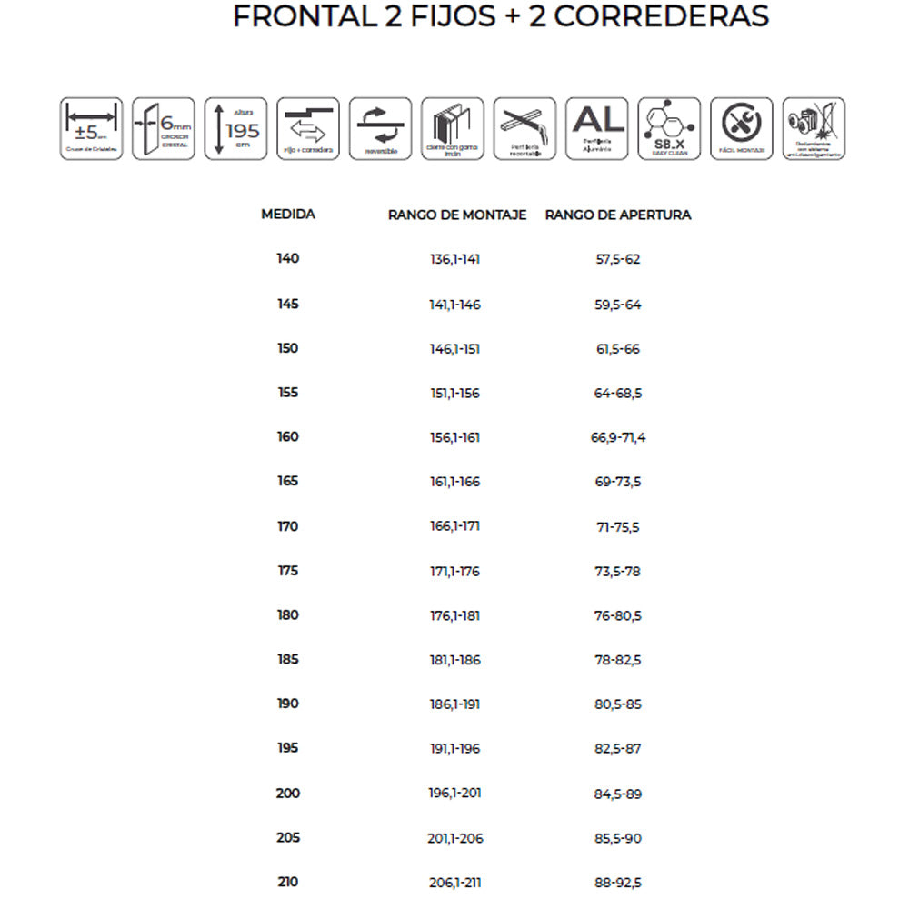 Nevada | Mampara Frontal 2 Fijos + 2 Puertas Corredera | Vidrio Templado 6 mm Antical | Altura 195 cm
