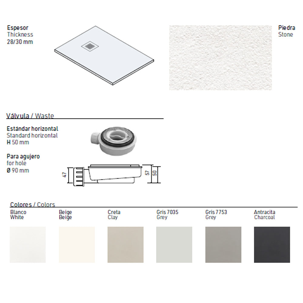Pasadena | Plato de Ducha de Resina Antideslizante | Válvula de Desagüe y Rejilla | Textura Piedra | Color Beige