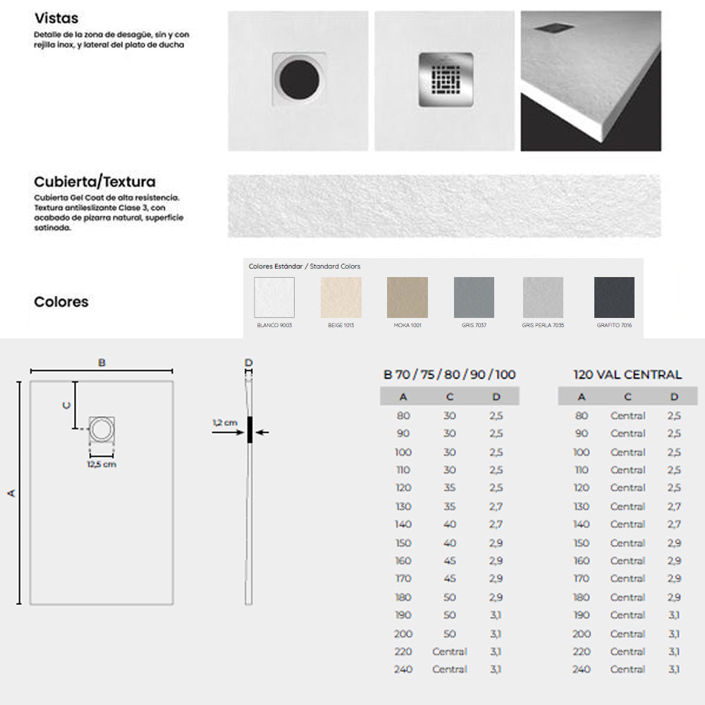 Iowa | Plato de Ducha de Resina Extraplano Antideslizante | Válvula de Desagüe y Rejilla | Pizarra Suave | Moka