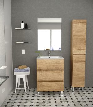 Siracusa Mueble Baño al Suelo Fondo Reducido | 3 Cajones con Cierre Amortiguado y Lavabo Cerámico