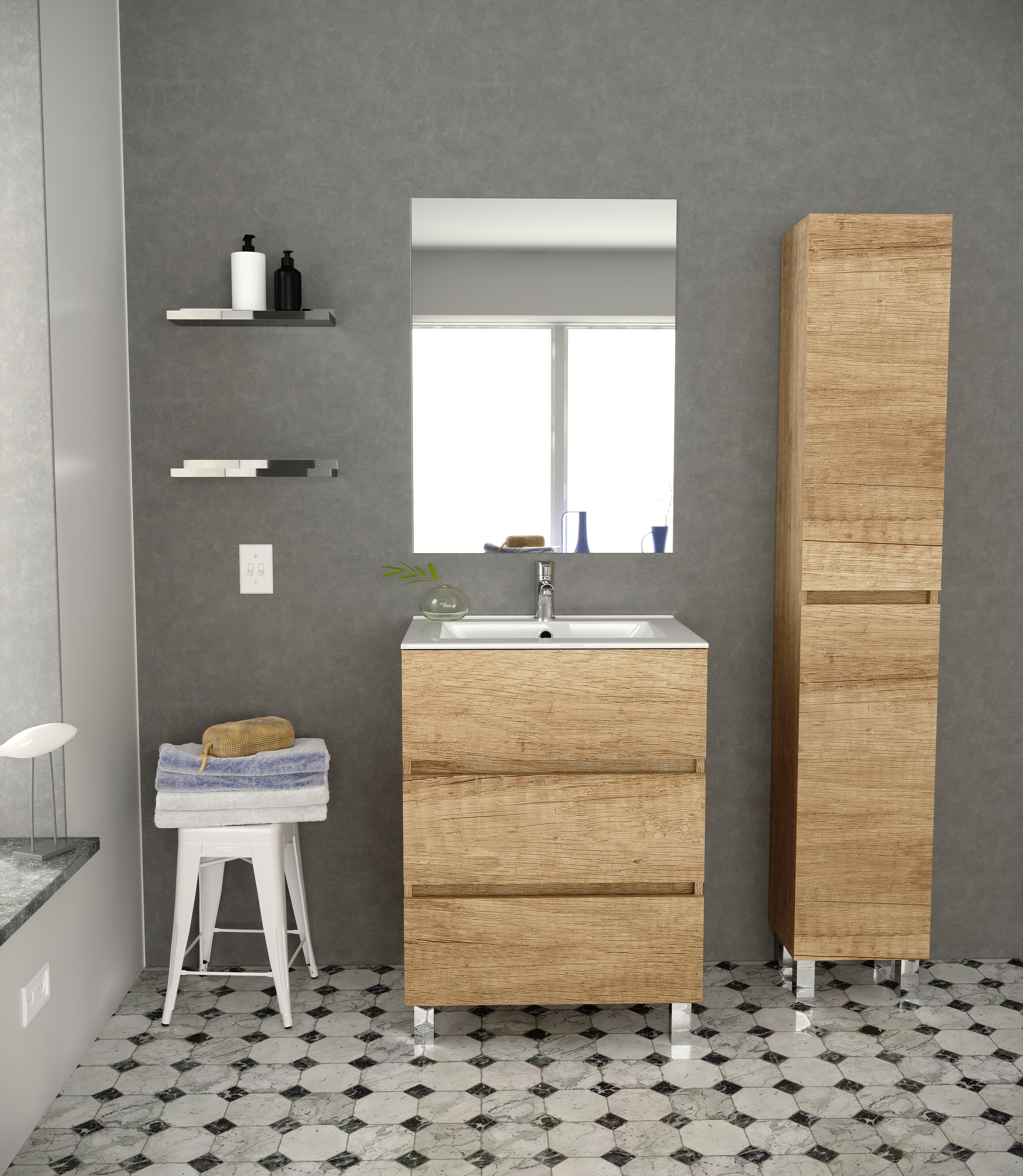 Siracusa Mueble Baño al Suelo Fondo Reducido | 3 Cajones con Cierre Amortiguado y Lavabo Cerámico